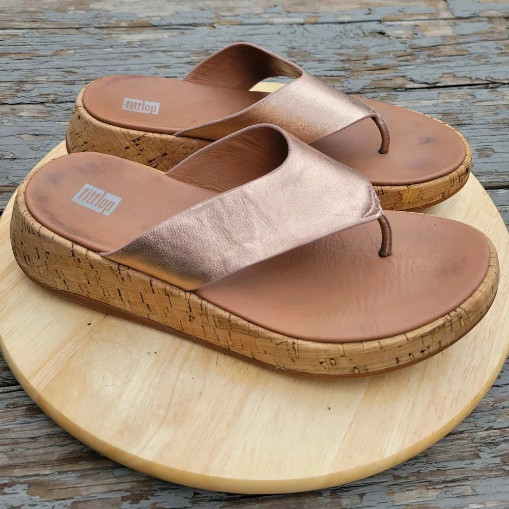 FitFlop F Mode Platform Sandals Womens 8 US Rose Gold Cork Flatform Toe Post